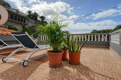 a chair and potted plants on a balcony at Villa Rosa, a Home in Madeira in Funchal
