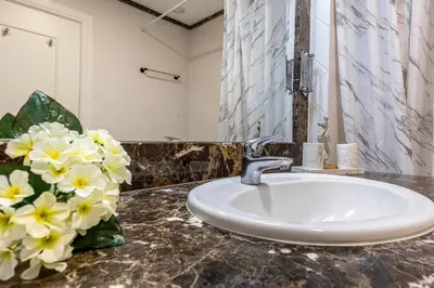 a bathroom with a sink and flowers on a counter at Ocean view and Infinity pool Apartment in Funchal