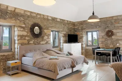 a stone bathroom with a toilet and a stone fireplace at Quinta Alcaparras in Porto Santo
