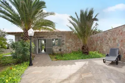 a patio with a chair and palm trees in front of a house at Casa Do Vinho in Porto Santo