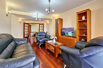 a living room with two leather couches and a television at Caniço Center Apartment in Caniço
