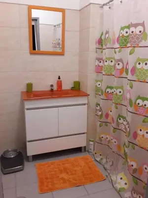 a bathroom with a sink and a shower curtain with owls at Sunrise View in Funchal
