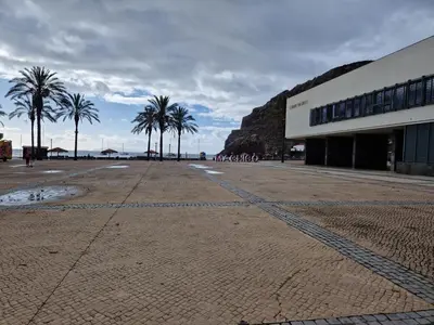 an empty beach with palm trees and a building at E - Elegant Terraced Home with FREE Private Parking in Machico