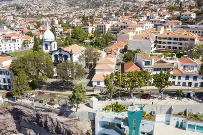 an aerial view of a city with a church at Apartment - The Historical Center of Funchal in Alojamento Local in Funchal