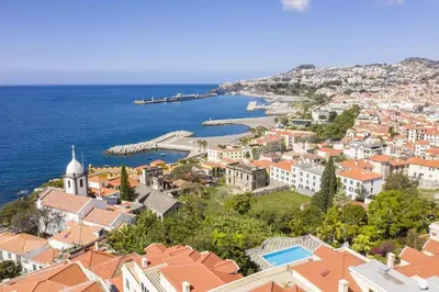 an aerial view of a town next to the ocean at Apartment - The Historical Center of Funchal in Alojamento Local in Funchal