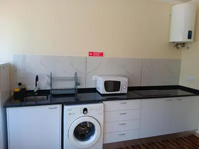 a kitchen with a washing machine and a microwave at House Luís Ornelas in Fajã do Mar