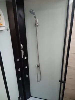 a shower door with a shower head in a bathroom at House Luís Ornelas in Fajã do Mar