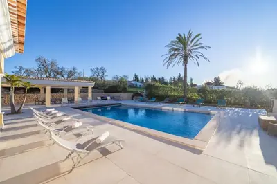 a swimming pool with lounge chairs and a palm tree at Casa Ferrel - Luxury 9 Bedroom Villa with Indoor & Outdoor Pools in Lagos