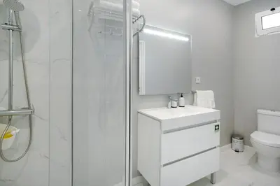 a white bathroom with a toilet and a shower at Dream View in Funchal
