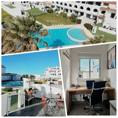 a collage of two pictures of a house with a swimming pool at Beach & House''Villa Maria'' 5 min to Mareta Beach in Sagres