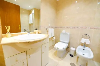 a bathroom with a white toilet and a sink at Farinha's Apartment in Ribeira Brava