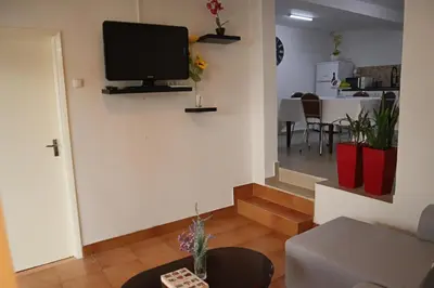 a living room with a flat screen tv on the wall at Fifty's House 2 By Sam Houses in Ribeira Brava
