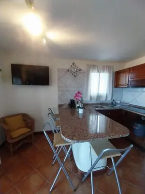a vase with purple flowers sitting on a counter at Casa Do Pico in São Vicente
