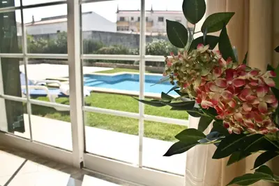 a vase of flowers in front of a window at Bonita Moradia c/ Piscina em SAGRES in Sagres