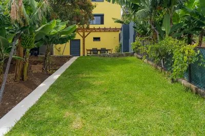 a lawn in front of a yellow house at Sky & Ocean in Calheta