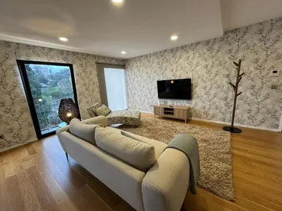 a living room with a couch and a tv at Carreira Residence in Funchal