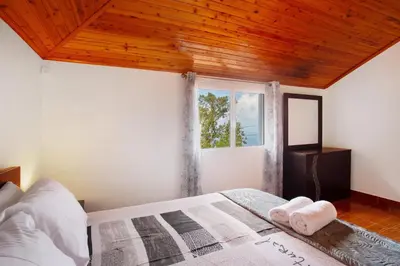 a bedroom with a bed with a wooden ceiling at Casa Estrela Do Norte in Ponta Delgada