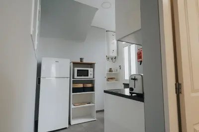 a kitchen with a white refrigerator and a microwave at Pico Apartment's in Câmara de Lobos
