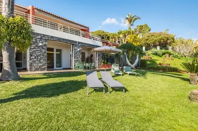 a balcony with chairs and palm trees and the ocean at BioFuncho Garden Residence in Funchal