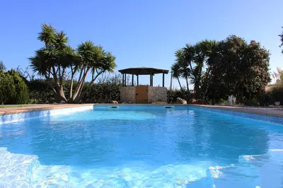 a large swimming pool with palm trees and a gazebo at Canto do Vale in Aljezur