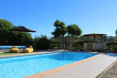 a swimming pool with an umbrella and palm trees at Canto do Vale in Aljezur