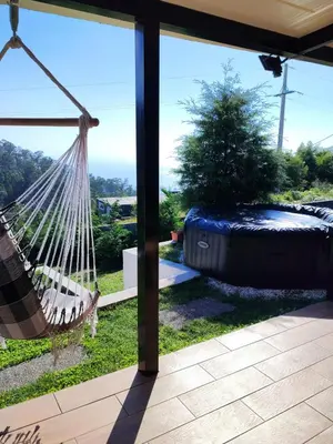a hammock on a patio with a view of a tree at Casa Vicente in Arco da Calheta