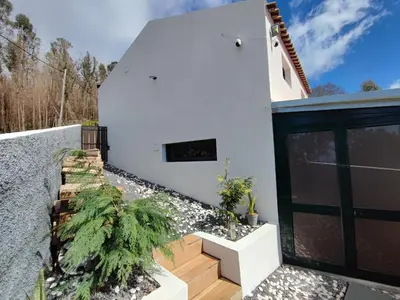 a white house with a black door and some plants at Casa Vicente in Arco da Calheta