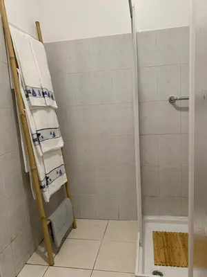 a bathroom with a shower and a ladder with towels at Porto Santo Island Ocean Apartment in Vila Baleira