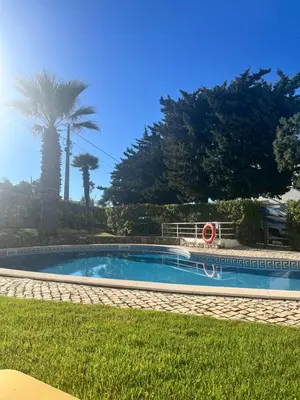 a swimming pool in the grass with a palm tree at Casa Da Praia in Luz