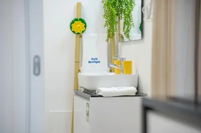 a bathroom with a sink and a plant on a counter at Chalé Henrique - Beachfront apartments at Calheta Beach in Calheta