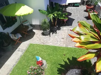 a patio with plants and an umbrella and grass at Madeira Holiday Flats in Funchal