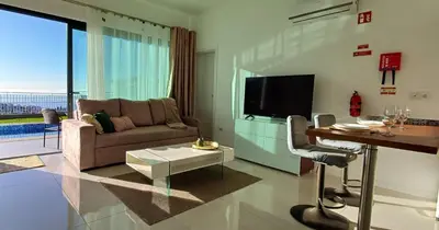 a living room with a couch and a tv at The Tree of Life House in Ponta do Sol
