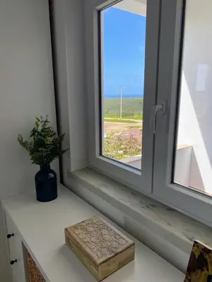 a window with a plant sitting on a white counter at Bela Vista_ Cozy Apartment with Sea View in Aljezur