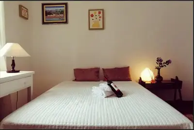 a bedroom with a bed with a guitar on it at Vila São Gonçalo in Funchal