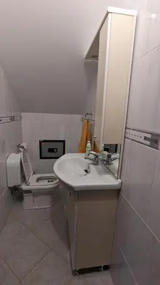 a bathroom with a toilet and a sink and a mirror at Levada Nova House in Ponta do Sol