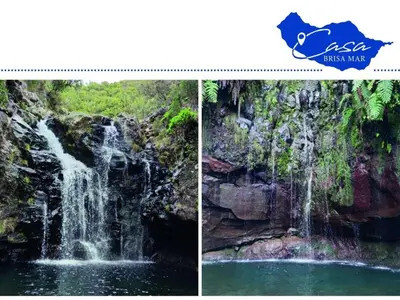 two pictures of a waterfall and a sign that says glass maze at Holiday home Casa Brisa Mar in Prazeres in Prazeres