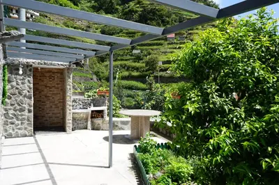 a patio with a table under a pergola at Casa do Lombo in Machico