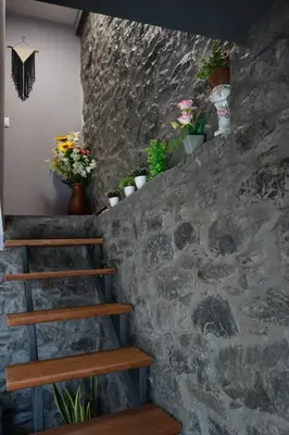 a stone wall with stairs and potted plants on it at Casa do Lombo in Machico