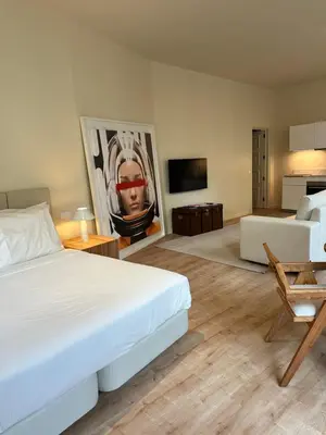a bedroom with a bed and a couch and a television at Downtown collection apartments II in Funchal