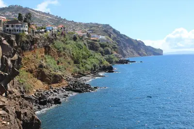 a mountain with houses on it next to the water at Apartments Madeira Old Town in Funchal