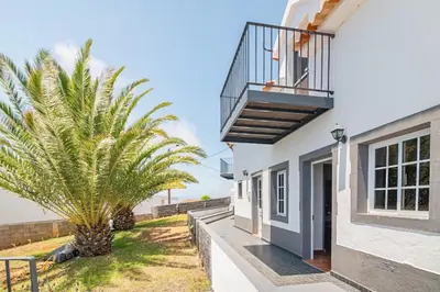 a house with a balcony and a palm tree at Calheta Bay View House - Family and Group Residence in Arco da Calheta