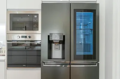 a kitchen with a refrigerator and a microwave at Villa Fénix in Câmara de Lobos