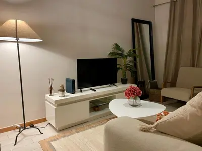 a living room with a television on a white entertainment center at Seminario Classic Apartment in Funchal