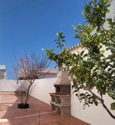 a white wall with two trees on a patio at Casa Serra e Mar in Luz