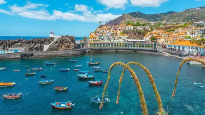 a group of boats in a body of water with buildings at Apartment in Camara de Lobos not shared in Câmara de Lobos
