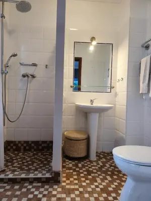 a bathroom with a sink and a shower and a toilet at Horizon Retreat in Calheta