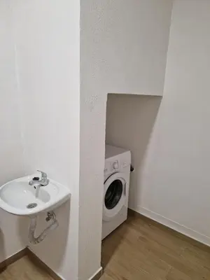 a laundry room with a washing machine and a sink at Apartamento renovado e luminoso a poucos minutos do centro in Funchal