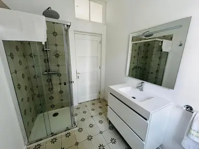 a bathroom with a shower and a sink and a mirror at Casa Bis Bis in Funchal