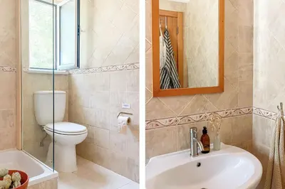 two pictures of a bathroom with a toilet and a sink at Casa de Pinheiro in Aljezur