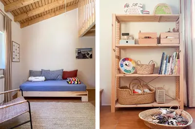 a room with a bed and a book shelf at Casa de Pinheiro in Aljezur